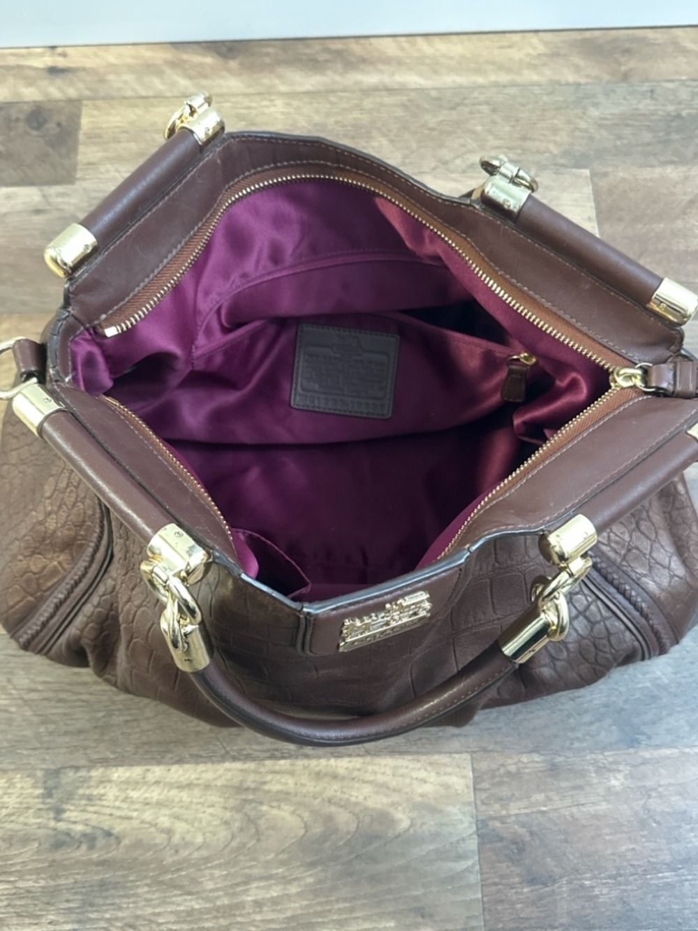 Coach Madison Pinnacle Croc Embossed Satchel Mahogany Brown Gold Hardware Rare - Picture 3 of 13